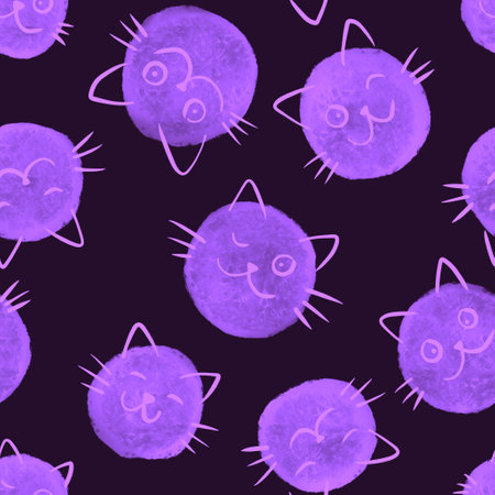 Cartoon watercolor paint spots and animals seamless cats pattern for wrapping paper and fabrics and kids clothes print and packaging festive and party accessories. High quality illustrationの写真素材