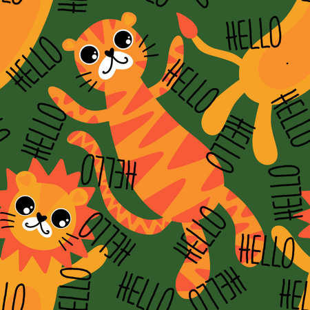 Summer cartoon animals seamless lion and tiger pattern for wrapping paper and fabrics and lines and kids clothes print and packaging festive and party accessories. High quality illustrationの写真素材