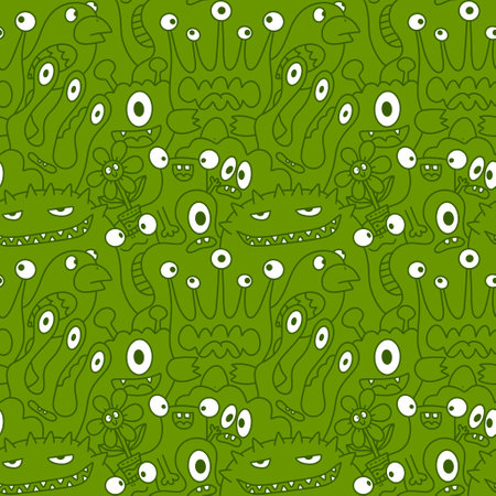 Cartoon monsters seamless funny aliens and rabbit and cactus and flower pattern for wrapping paper and lines and fabrics and kids clothes print and festive packaging. High quality illustrationの写真素材