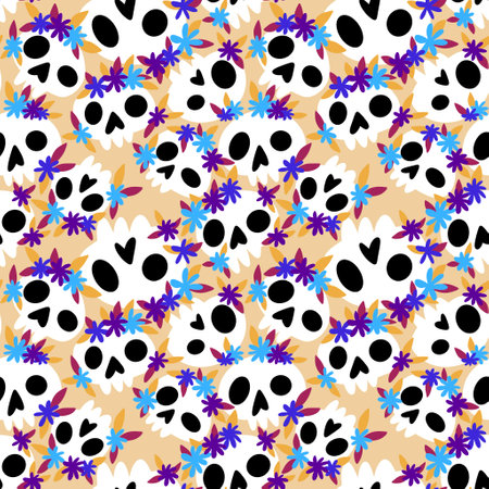 Halloween monsters seamless skulls and flower pattern for wrapping paper and fabrics and lines and kids clothes print and packaging festive and party accessories. High quality illustrationの写真素材