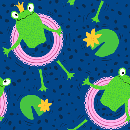Summer animals seamless frogs and swimming ring pattern for wrapping paper and fabrics and lines and kids clothes print and packaging festive and party accessories. High quality illustrationの写真素材