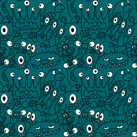 Cartoon monsters seamless funny aliens and rabbit and cactus and flower pattern for wrapping paper and lines and fabrics and kids clothes print and festive packaging. High quality illustrationの写真素材