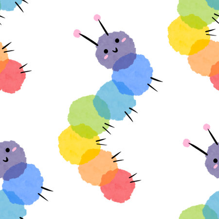 Cartoon animals seamless watercolor caterpillars pattern for wrapping paper and fabrics and lines and kids clothes print and summer accessories and birthday textiles. High quality illustrationの写真素材
