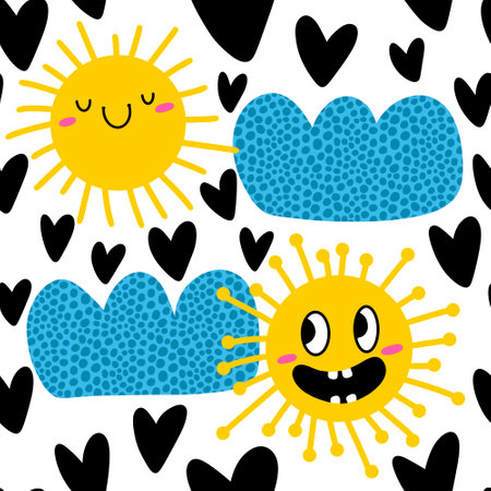 Summer cartoon weather seamless sun and clouds pattern for wrapping paper and fabrics and lines and...