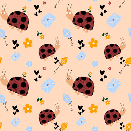 Cartoon animals seamless ladybug and flower and letters pattern for wrapping paper and fabrics and lines and kids clothes print and party accessories. High quality illustrationの写真素材