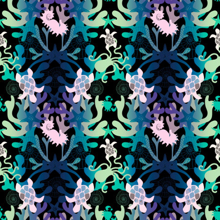 Cartoon animals seamless starfish and turtle and shell and crabs and octopus pattern for fabrics and...