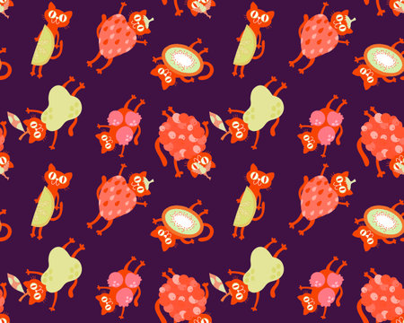 Cartoon summer animals and fruit seamless cats and strawberry and lemon and pears and kiwi pattern for wrapping paper and fabrics and kids print and festive and party. High quality illustrationの写真素材