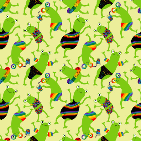Cartoon summer print with rainbow lgbt frogs seamless pride animals pattern for wrapping paper and fabrics and lines and clothes textiles and party accessories. High quality illustrationの写真素材