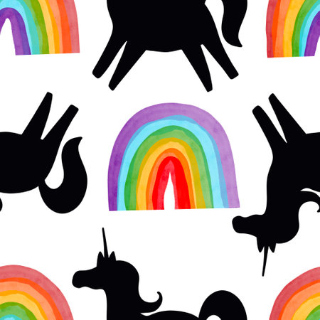 Summer cartoon animals print seamless lgbt rainbow and unicorn pattern for wrapping paper and fabrics and lines and clothes textiles and pride party accessories. High quality illustrationの写真素材