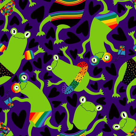 Cartoon summer print with rainbow lgbt frogs seamless pride animals pattern for wrapping paper and fabrics and lines and clothes textiles and party accessories. High quality illustrationの写真素材