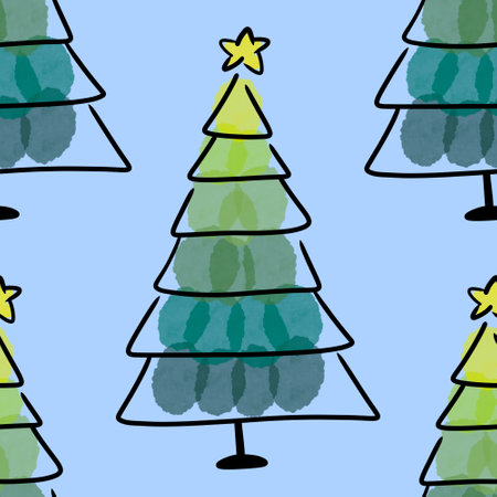 Watercolor Christmas tree seamless new year pattern for wrapping paper and fabrics and party accessories and festive packaging and kids clothes print. High quality illustrationの写真素材