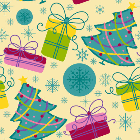 Watercolor Christmas tree seamless new year pattern for wrapping paper and fabrics and party accessories and festive packaging and kids clothes print. High quality illustrationの写真素材