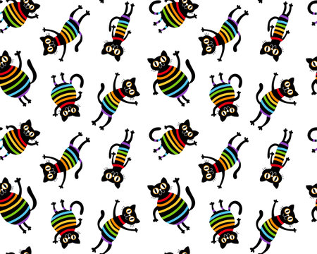 Cartoon black cats seamless rainbow lgbt stripes pattern for wrapping paper and fabrics and lines and clothes textiles and pride party accessories and summer print. High quality illustrationの写真素材