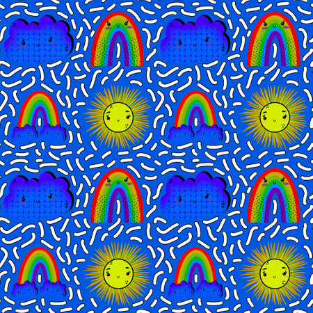 Cartoon lgbt seamless sun and clouds and rainbow pattern for wrapping paper and fabrics and lines...