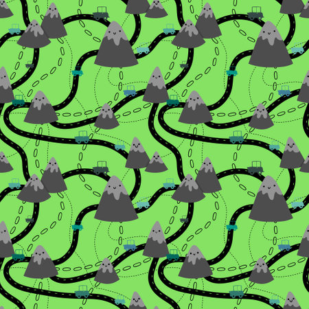 Cartoon mountain seamless vocational pattern for wrapping paper and fabrics and kids clothes print and festive packaging and sports accessories and travel textiles. High quality illustrationの写真素材