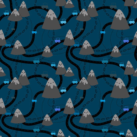 Cartoon mountain seamless vocational pattern for wrapping paper and fabrics and kids clothes print and festive packaging and sports accessories and travel textiles. High quality illustrationの写真素材