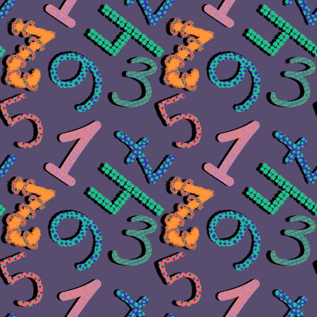 Cartoon numbers seamless kindergarten pattern for wrapping paper and fabrics and lines and kids clothes and school accessories and party packaging and autumn print. High quality illustrationの写真素材