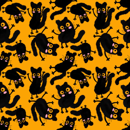 Watercolor spots animals seamless Halloween cats pattern for wrapping paper and fabrics and lines and kids clothes print and party accessories and festive packaging. High quality illustrationの写真素材