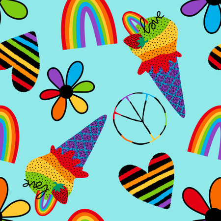 Summer print rainbow ice cream seamless lgbt love pattern for wrapping paper and fabrics and lines and clothes textiles and party pride accessories. High quality illustrationの写真素材