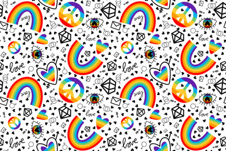 Lgbtq rainbow pride seamless love and eyes and peace sign pattern for wrapping paper and fabrics and lines and clothes print and party accessories and fashion summer. High quality illustrationの写真素材