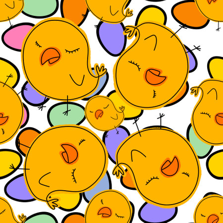Cartoon Doodle Easter seamless chicken and eggs pattern for wrapping paper and fabrics and lines and kids clothes print and kitchen textiles. High quality illustrationの写真素材