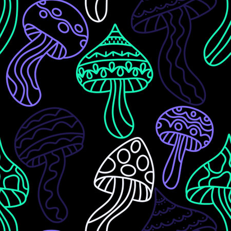 Cartoon autumn harvest seamless Halloween mushrooms with skulls pattern for wrapping paper and fabrics and lines and kids print and festive packaging and accessories. High quality illustrationの写真素材