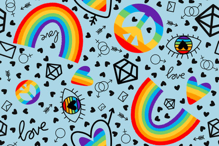 Lgbtq rainbow pride seamless love and eyes and peace sign pattern for wrapping paper and fabrics and lines and clothes print and party accessories and fashion summer. High quality illustrationの写真素材