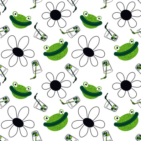 Cartoon doodle animals seamless frogs and flower pattern for fabrics and wrapping paper and summer party accessories and packaging festive and and kids clothes print. High quality illustrationの写真素材