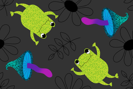 Summer print animals seamless frogs and mushrooms pattern for wrapping paper and fabrics and lines and kids clothes and party accessories and fashion textiles. High quality illustrationの写真素材