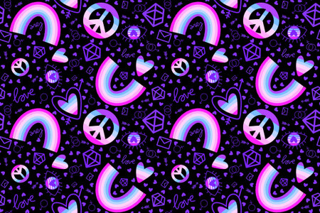 Lgbtq rainbow pride seamless love and eyes and peace sign pattern for wrapping paper and fabrics and lines and clothes print and party accessories and fashion summer. High quality illustrationの写真素材