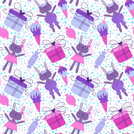 Cartoon animals seamless rabbit pattern for birthday wrapping paper and party accessories and fabrics and kids clothes print and lines and fashion textiles. High quality illustrationの写真素材