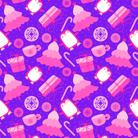Christmas tree and gift box seamless penguin pattern for wrapping paper and fabrics and lines and kids clothes print and party accessories and new year packaging. High quality illustrationの写真素材