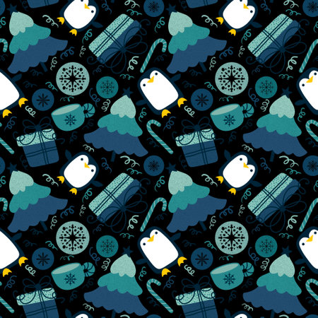 Christmas tree and gift box seamless penguin pattern for wrapping paper and fabrics and lines and kids clothes print and party accessories and new year packaging. High quality illustrationの写真素材