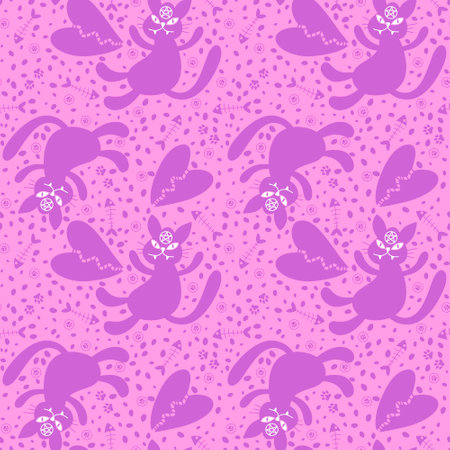 Cartoon Halloween animals seamless cats and fish bones pattern for wrapping paper and fabrics and lines and kids clothes print and party accessories and October packaging. High quality illustrationの写真素材