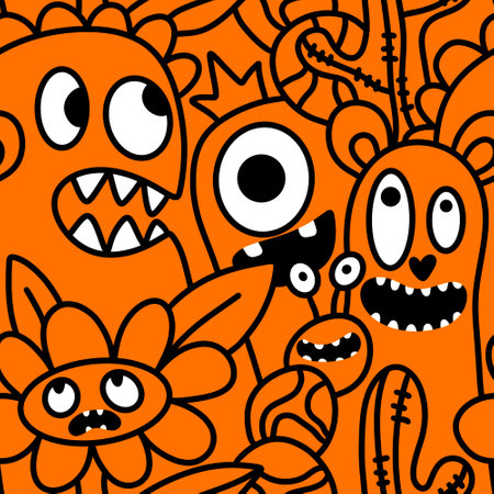 Cartoon doodle Halloween aliens seamless monster pattern for wrapping paper and fabrics and lines and kids clothes print and party accessories. High quality illustrationの写真素材