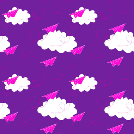 Cartoon summer print seamless paper airplane and clouds pattern for wrapping paper and fabrics and lines and kids clothes and party accessories. High quality illustrationの写真素材