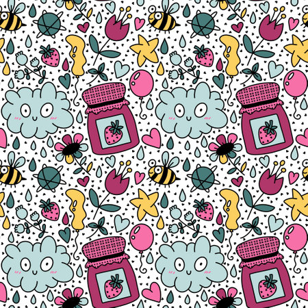 Cartoon summer doodle seamless bee and strawberry jam pattern for wrapping paper and fabrics and lines and kids clothes print and party accessories. High quality illustrationの写真素材
