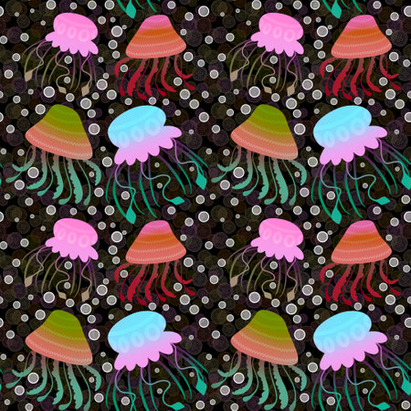 Cartoon sea animals seamless jellyfish pattern for summer print and fabrics and lines and wrapping paper and kids clothes and party accessories and swimsuit textiles. High quality illustrationの写真素材