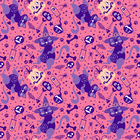 Halloween animals seamless cats and pumpkins pattern for wrapping paper and fabrics and lines and kids clothes print and party accessories. High quality illustrationの写真素材