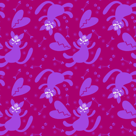 Cartoon Halloween animals seamless cats and fish bones pattern for wrapping paper and fabrics and lines and kids clothes print and party accessories and October packaging. High quality illustrationの写真素材