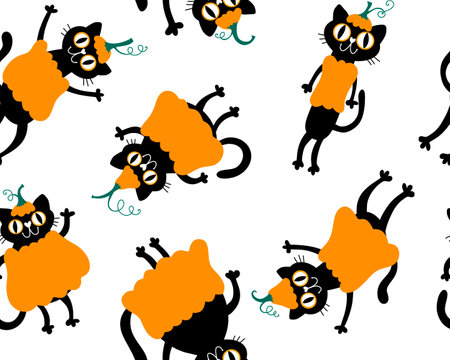 Halloween animals seamless cats and pumpkins pattern for wrapping paper and fabrics and lines and kids clothes print and party accessories. High quality illustrationの写真素材