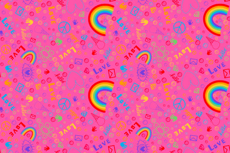 Lgbtq rainbow pride seamless love and eyes and peace sign pattern for wrapping paper and fabrics and lines and clothes print and party accessories and fashion summer. High quality illustrationの写真素材