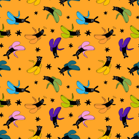 Halloween monsters seamless banana pattern for wrapping paper and fabrics and lines and kids clothes print and party accessories and autumn textiles. High quality illustrationの写真素材