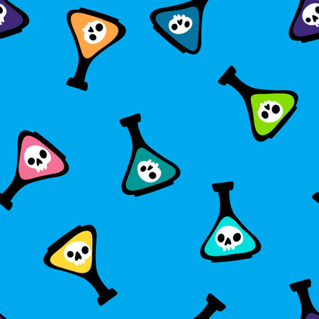 Halloween cartoon seamless poison bottle and ghost pattern for wrapping paper and fabrics and lines and kids clothes print and party accessories. High quality illustrationの写真素材