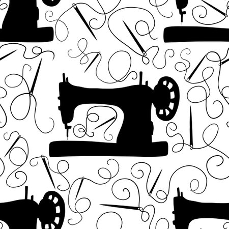 Cartoon silhouette hobbies seamless sewing machine pattern for wrapping paper and fabrics and lines and kids clothes print and birthday packaging. High quality illustrationの写真素材