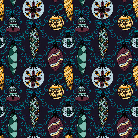 Cartoon retro Christmas tree balls seamless new year ethnic ornaments pattern for wrapping paper and fabrics and lines and kids clothes print and party accessories. High quality illustrationの写真素材