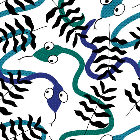 Summer cartoon animals seamless snake pattern for wrapping paper and fabrics and lines and kids clothes print and new 2025 year and festive packaging and zoo accessories. High quality illustrationの写真素材