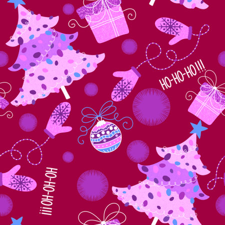 Cartoon Christmas tree seamless pattern for wrapping paper and fabrics and lines and kids clothes print and party accessories. High quality illustrationの写真素材