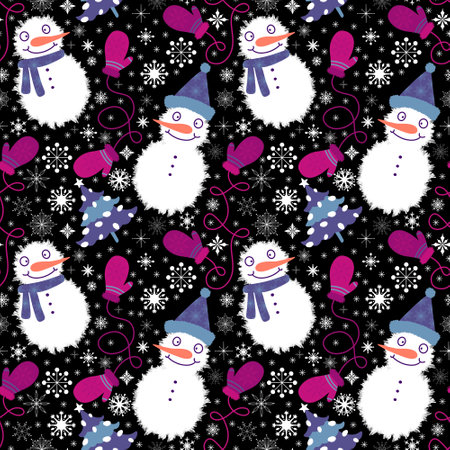 Winter seamless snowman pattern for fabrics and textiles and packaging and gifts and cards and lines and kids and wrapping paperの写真素材