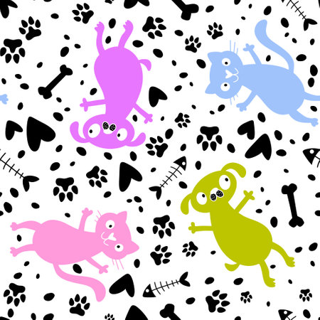 Cartoon animals seamless cats and dogs and fish bones pattern for wrapping paper and fabrics and lines and kids clothes print and party accessories. High quality illustrationの写真素材